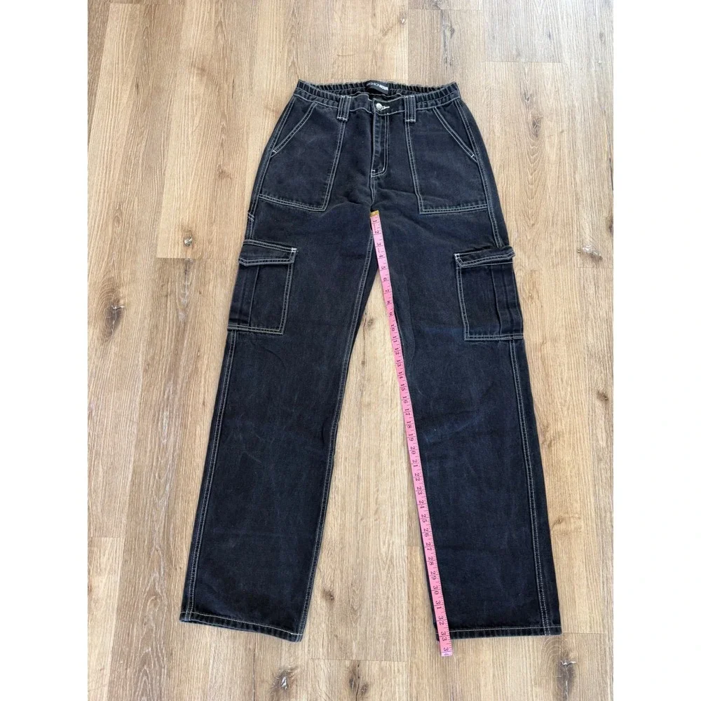 Fashion Nova Cargo Jeans Womens 7 Black Contrast Stitch Relaxed Straight Utility